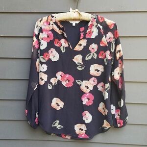 Cabi Navy Floral Peasant Top sheer Sleeves Size Small